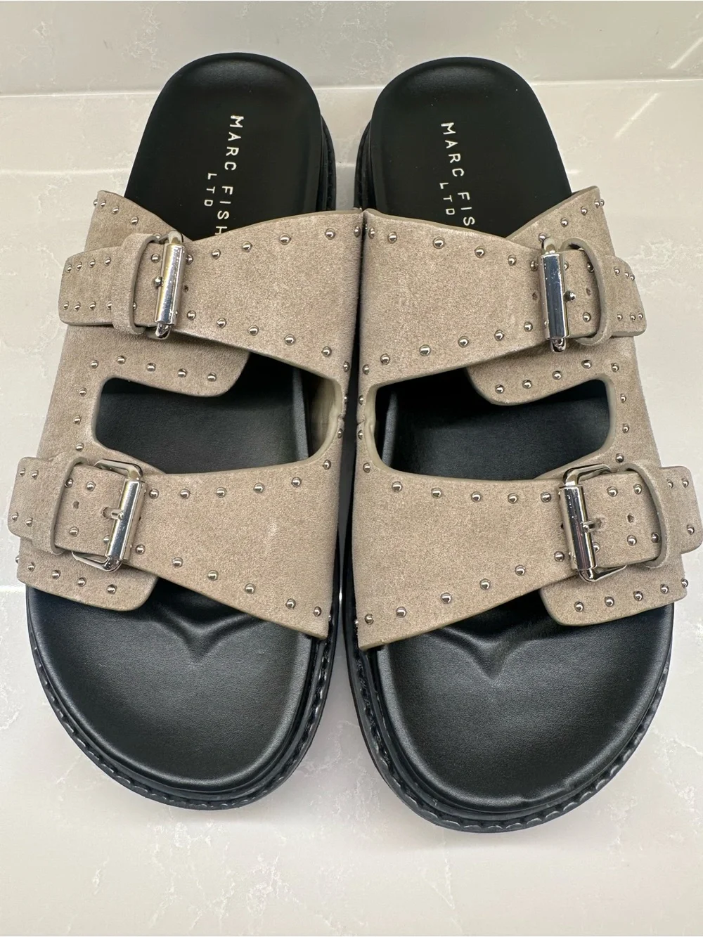 Marc Fisher LTD Agusta Studded Slide Sandals Taupe Suede Size 10
